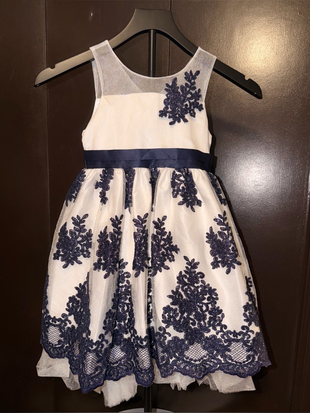 American Princess Girls White and Navy Lace Floral Embroidered Party Dress sz 6